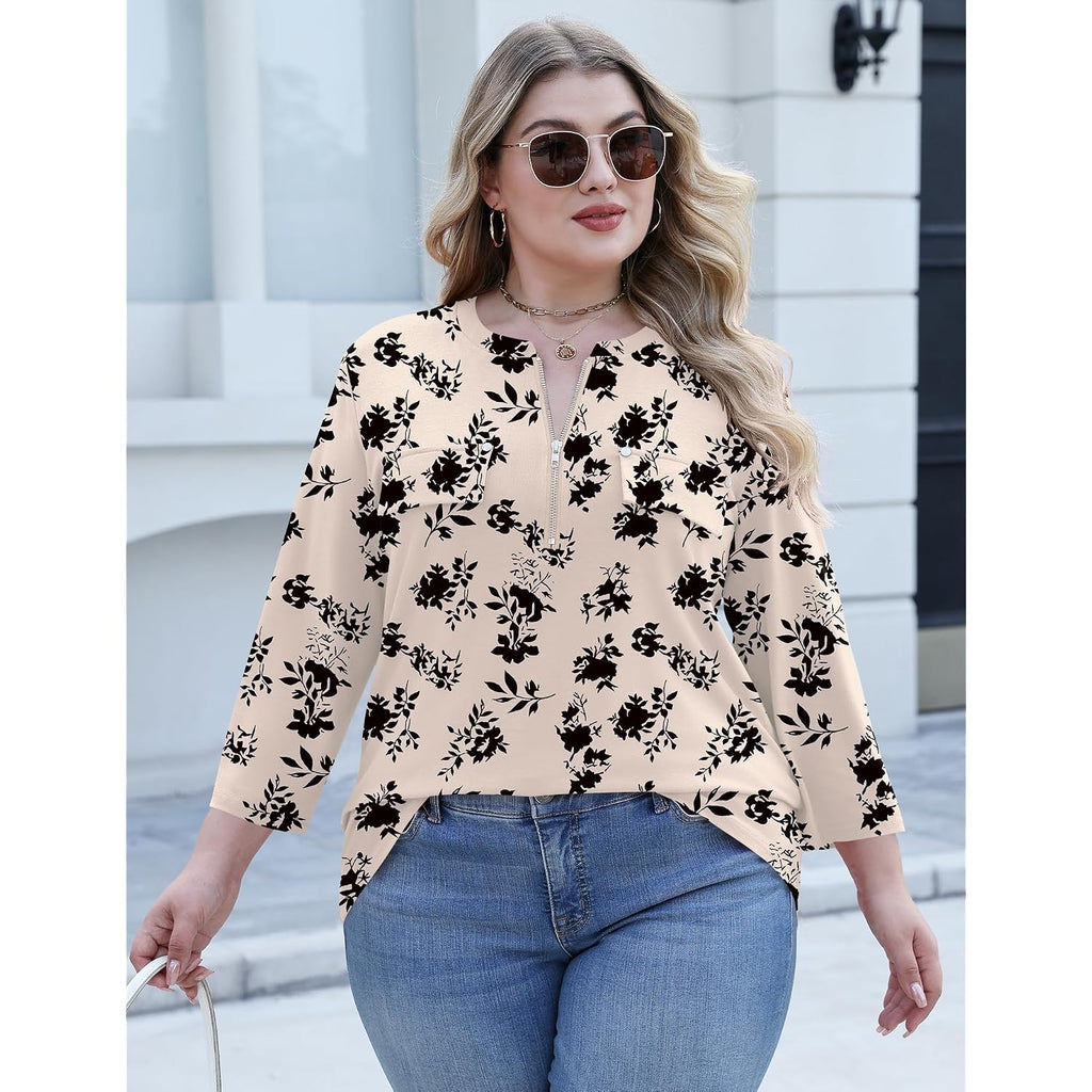 Lomon 3/4 Length Sleeve Womens Plus Size Tops V Neck Tunic Blouses Dressy Casual Oversized Basic Tees Loose Fit Shirts