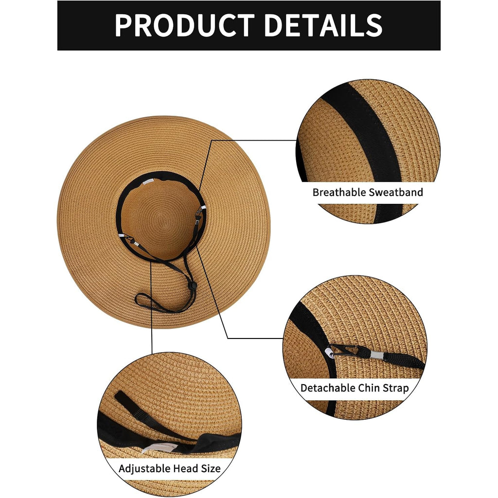 Senker Fashion Sun Hats for Women, Wide Brim Floppy Beach Straw Hat for Summer Travel Vacation Foldable with Sunglasses