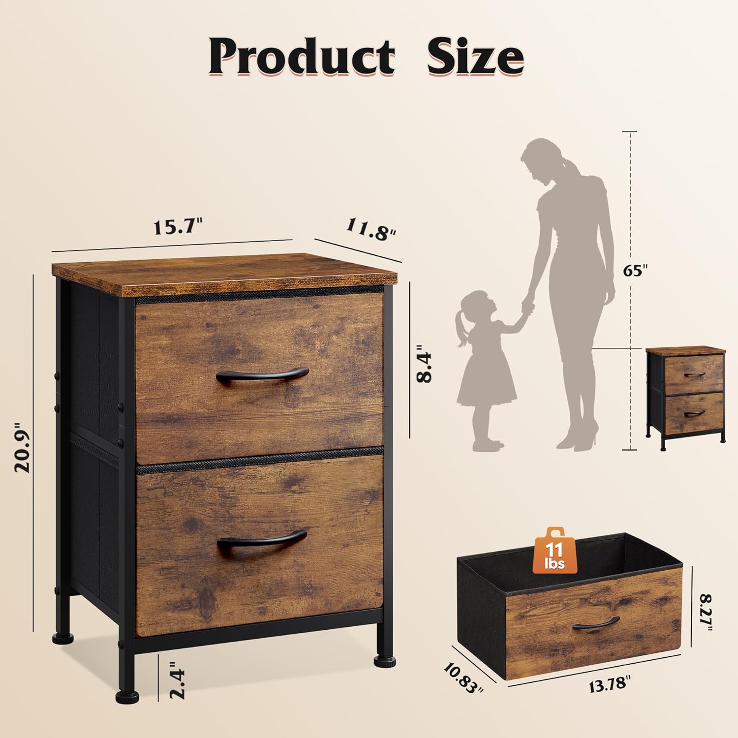 WLIVE Night Stand, Small Dresser with 2 Drawers & Wooden Top, Nightstand with Fabric Bins, Bedside Table End Table for Bedroom, Closet, Entryway, College Dorm, Rustic Brown