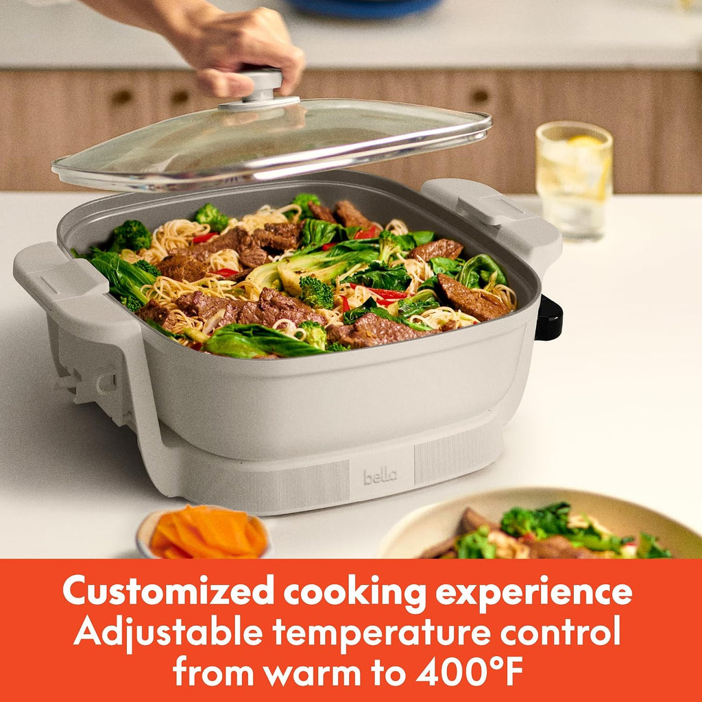 Bella Make & Take Electric Skillet, Fits-Anywhere™ Kitchenware, Evergood™ Ceramic Coating, Adjustable Temperature & Dishwasher-Safe Tempered Glass Lid, Cast Aluminum Base, 1200 Watt, Oatmilk