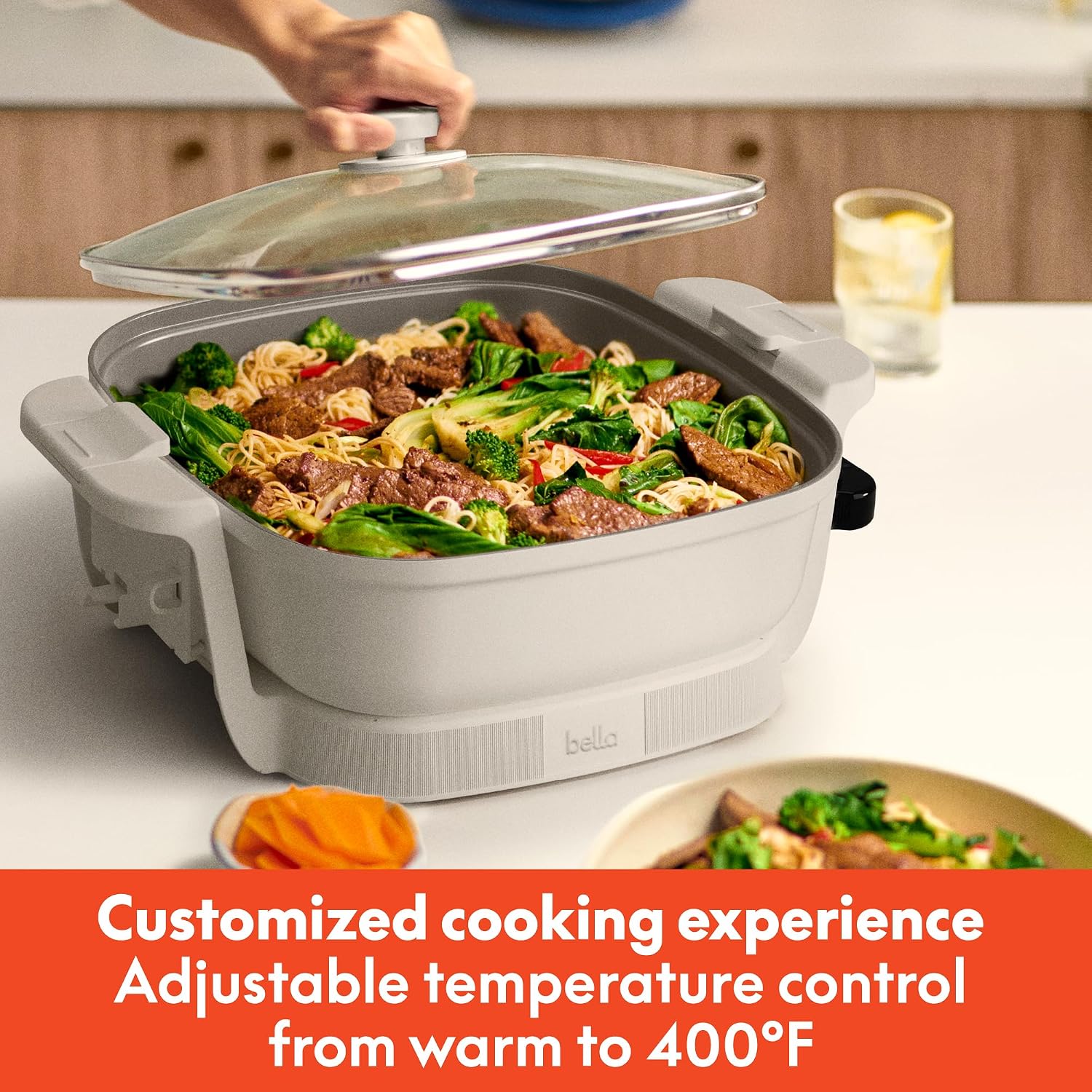 Bella Make & Take Electric Skillet, Fits-Anywhere™ Kitchenware, Evergood™ Ceramic Coating, Adjustable Temperature & Dishwasher-Safe Tempered Glass Lid, Cast Aluminum Base, 1200 Watt, Oatmilk