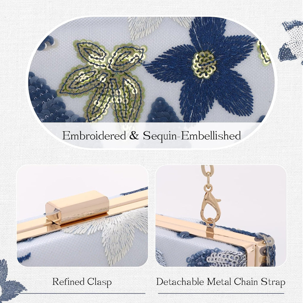 Embroidery Clutch Purses For Women Floral Sequin Evening Bag Formal Designer Handbags With Chain For Wedding, Party