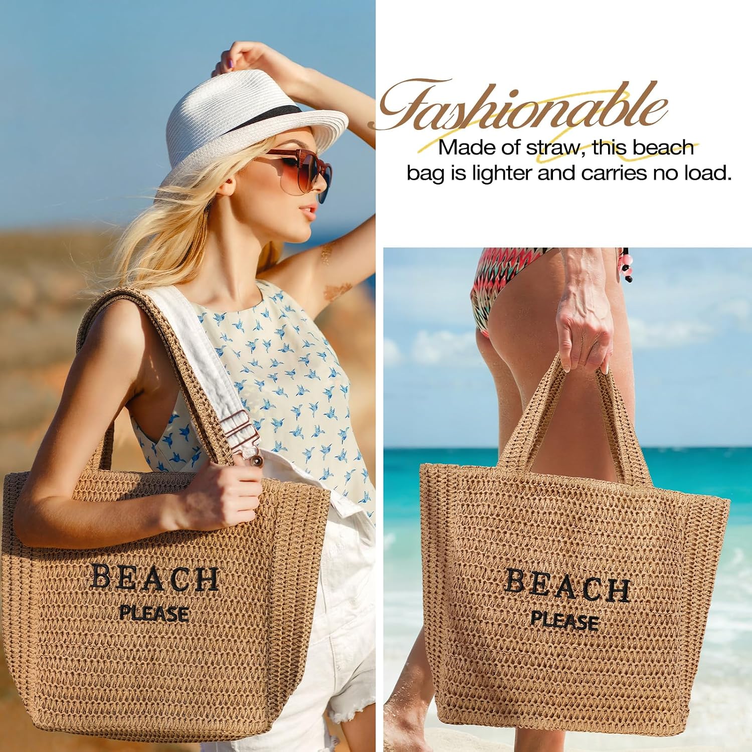 Tavaleu Straw Beach Bags For Women, Large Beach Bag Summer Woven Tote Bag Travel Shoulder Handbags For Holiday