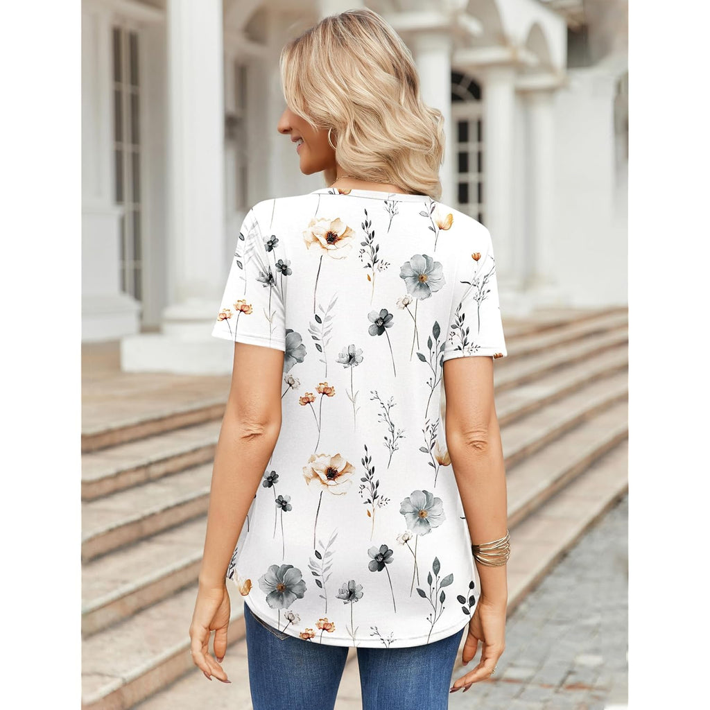 Womens Short Sleeve Tops Summer Henley V-Neck Tshirts Casual Pleated Blouse Dressy Loose Floral Basic Tee