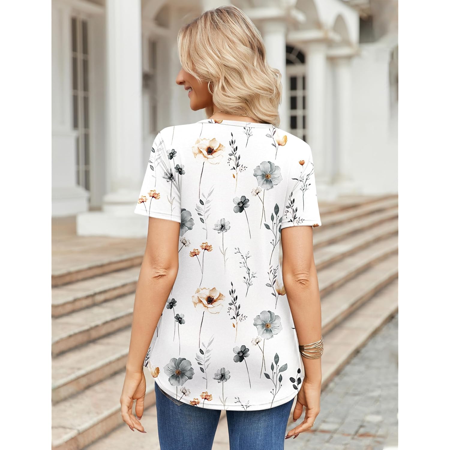 Womens Short Sleeve Tops Summer Henley V-Neck Tshirts Casual Pleated Blouse Dressy Loose Floral Basic Tee