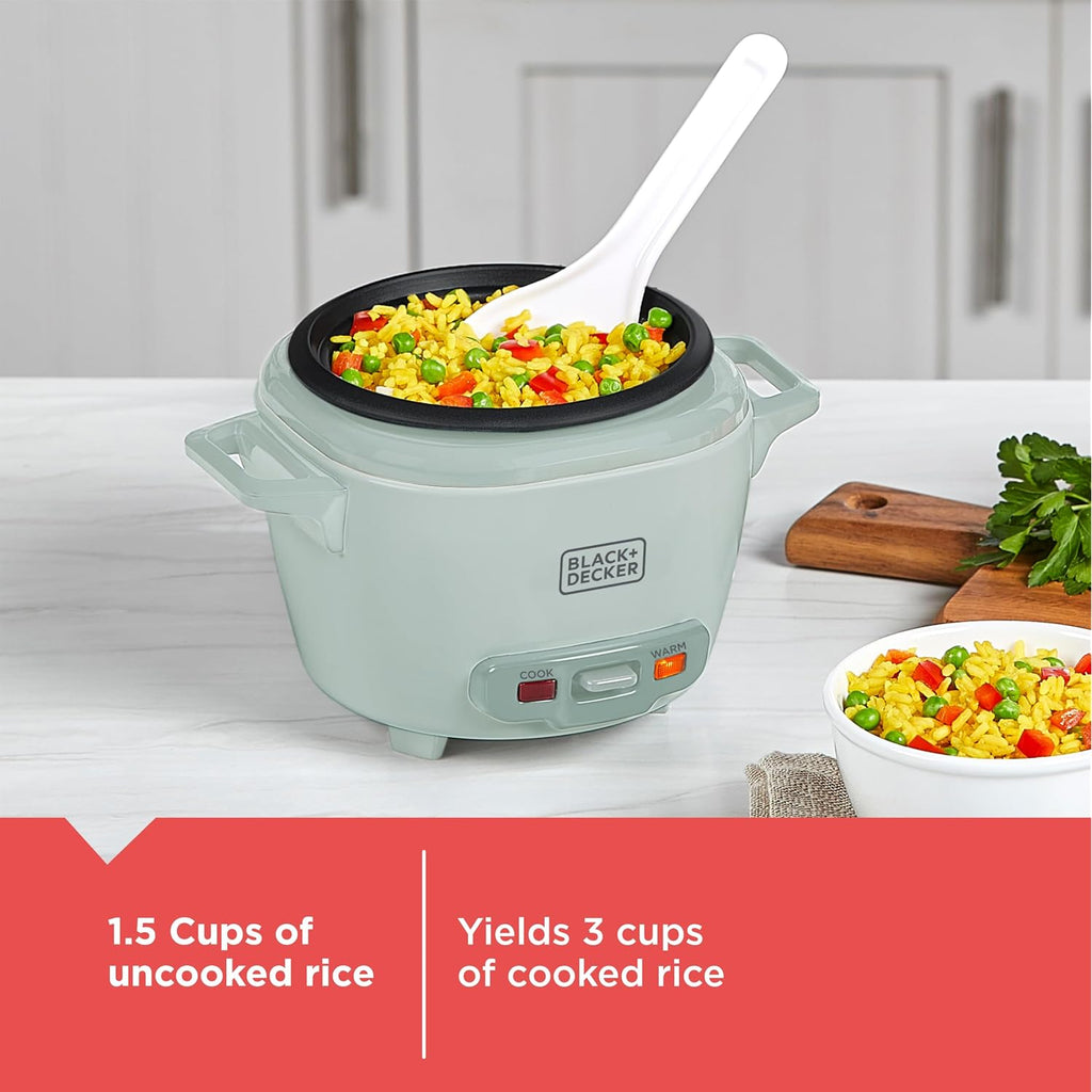 Black+Decker 3-Cup Cooked (1.5 Cups Uncooked) Rice Cooker, Removable Nonstick Bowl, One-Touch Operation, Surf Spray