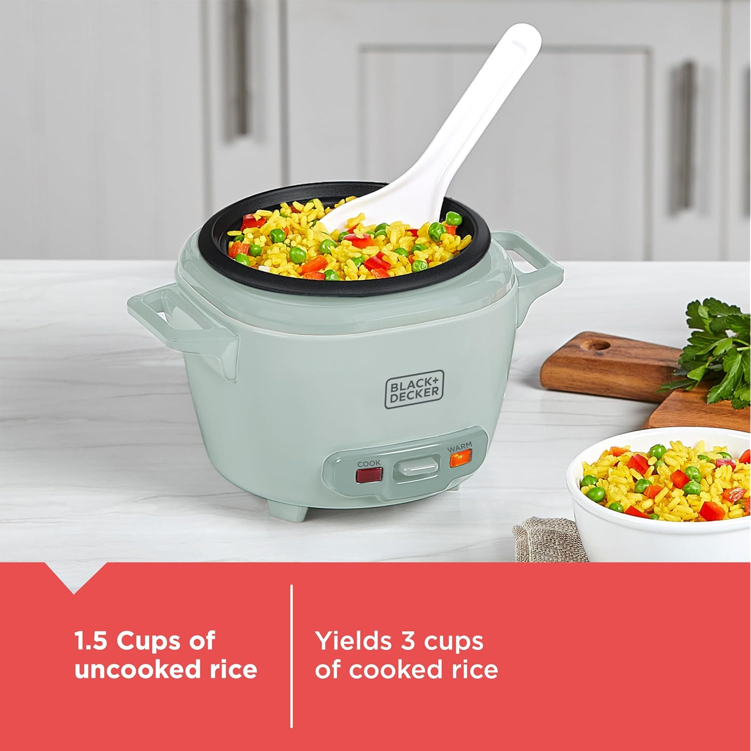 Black+Decker 3-Cup Cooked (1.5 Cups Uncooked) Rice Cooker, Removable Nonstick Bowl, One-Touch Operation, Surf Spray