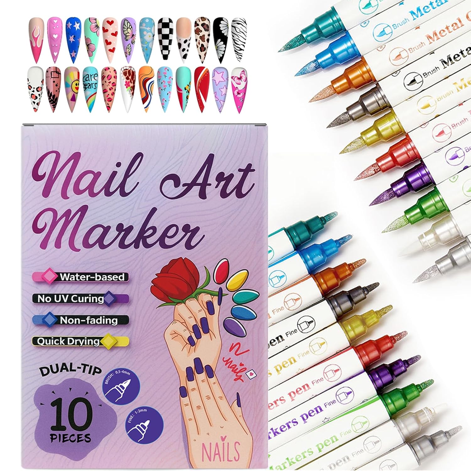 10 Colors Dual-Tip Nail Art Pens, Nail Polish Art Marker Set Fine & Brush Tips for Shading, Outlining & Detailed Nail Drawing, Quick-Dry Nail Art Markers