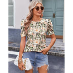 Zeagoo Blouse For Women Dressy Casual Puff Short Sleeve Boho Tops Fashion Floral Crew Neck Tunic Shirts Summer Clothes