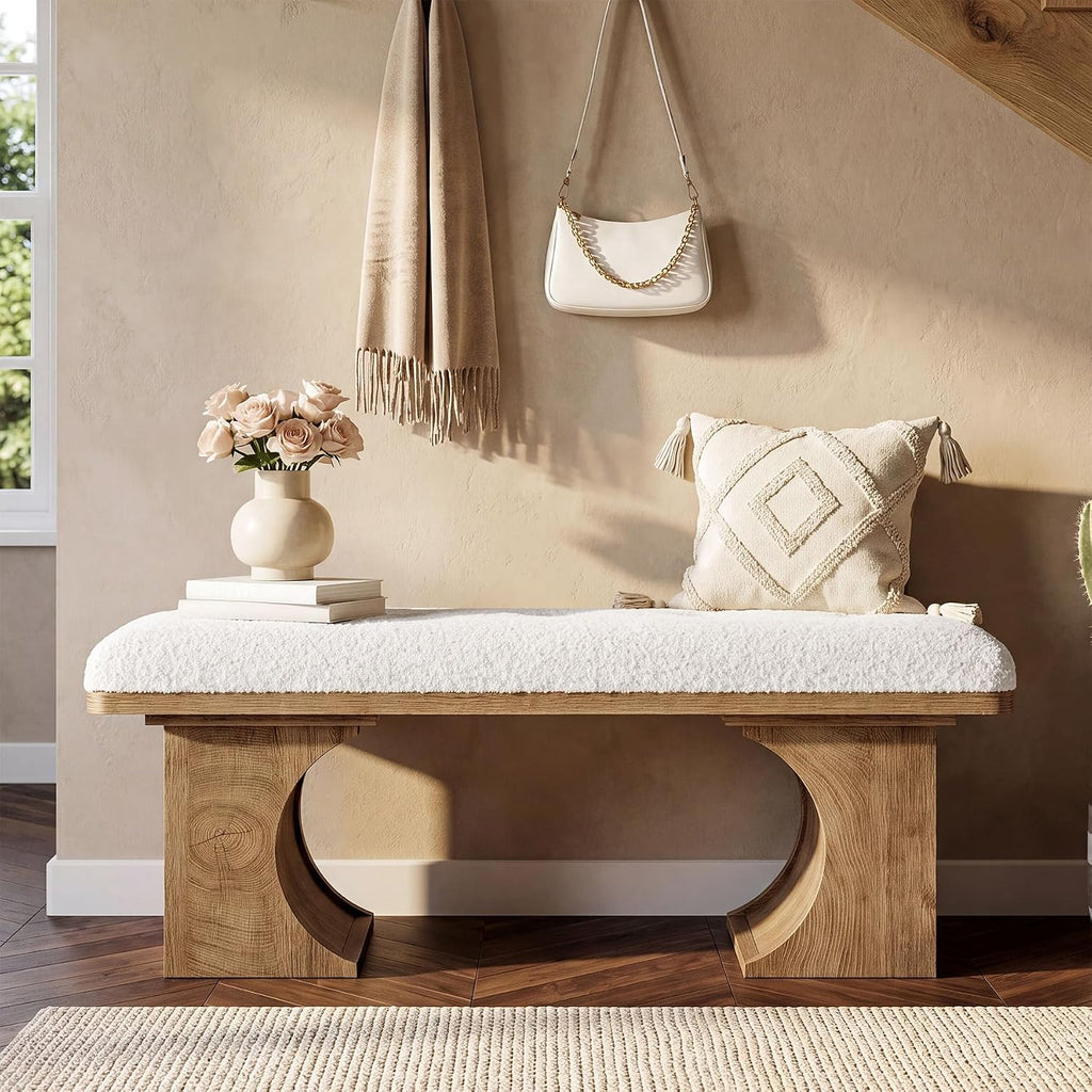 Tribesigns 47.24-Inch Upholstered Entryway Bench, Modern Rustic Shoe Bench With Soft Cushion And Curved Wooden Legs, End Of Bed Footrest For Bedroom, Foyer, Off-White And Brown
