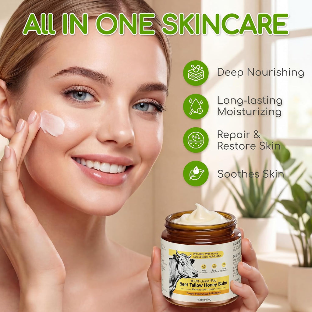 Beef Tallow For Skin & Face, Whipped Tallow And Honey Balm Cream, 100% Grass-Fed Beef Tallow Face Moisturizer With Raw Honey, All Natural Organic Body Lotion Skincare For Women & Men, Unscented 4.2 Oz