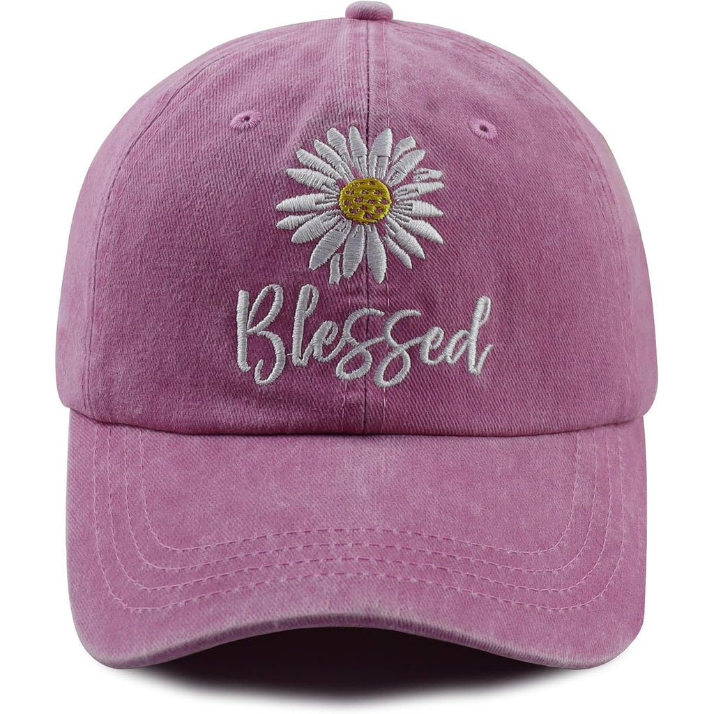Embroidered Daisy Blessed Hat for Women Men, Adjustable Vintage Washed Cotton Christian Baseball Cap Pink