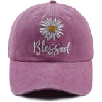 Embroidered Daisy Blessed Hat for Women Men, Adjustable Vintage Washed Cotton Christian Baseball Cap Pink