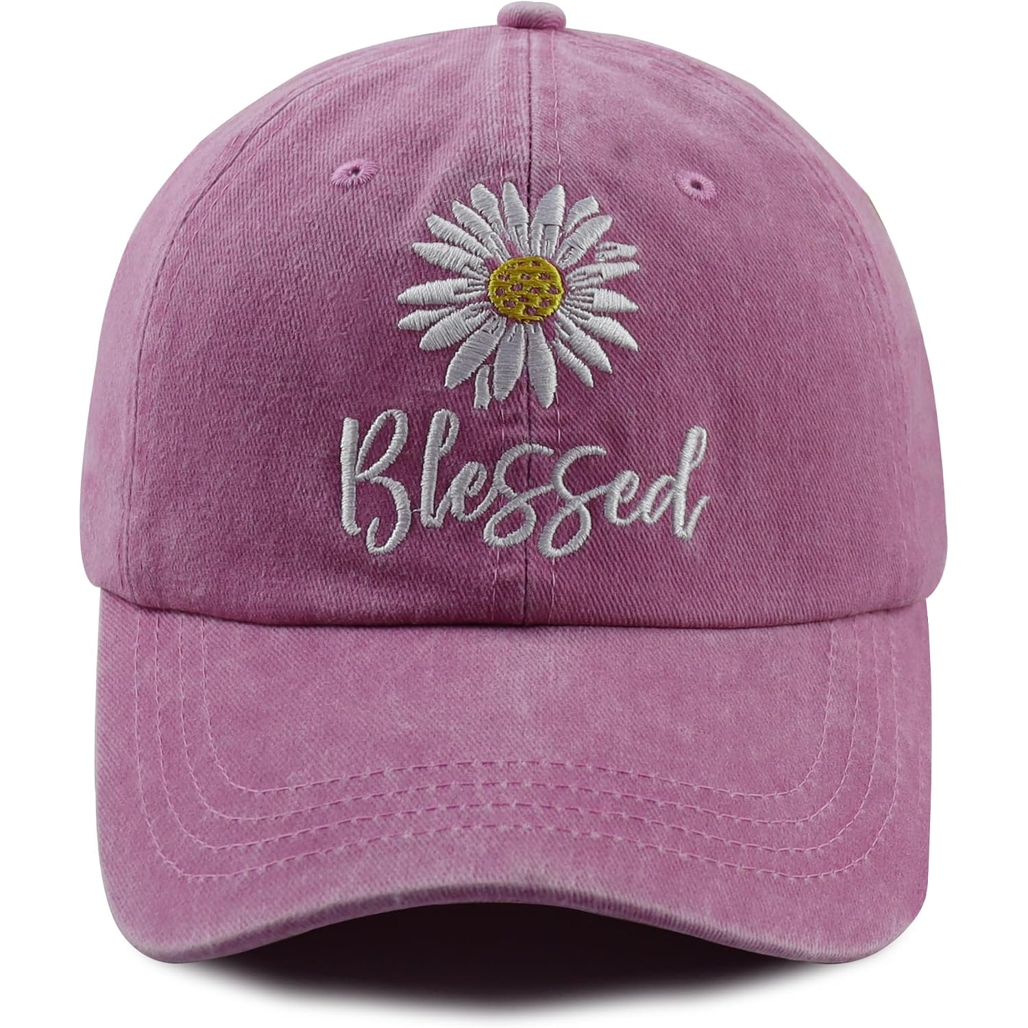 Embroidered Daisy Blessed Hat for Women Men, Adjustable Vintage Washed Cotton Christian Baseball Cap Pink
