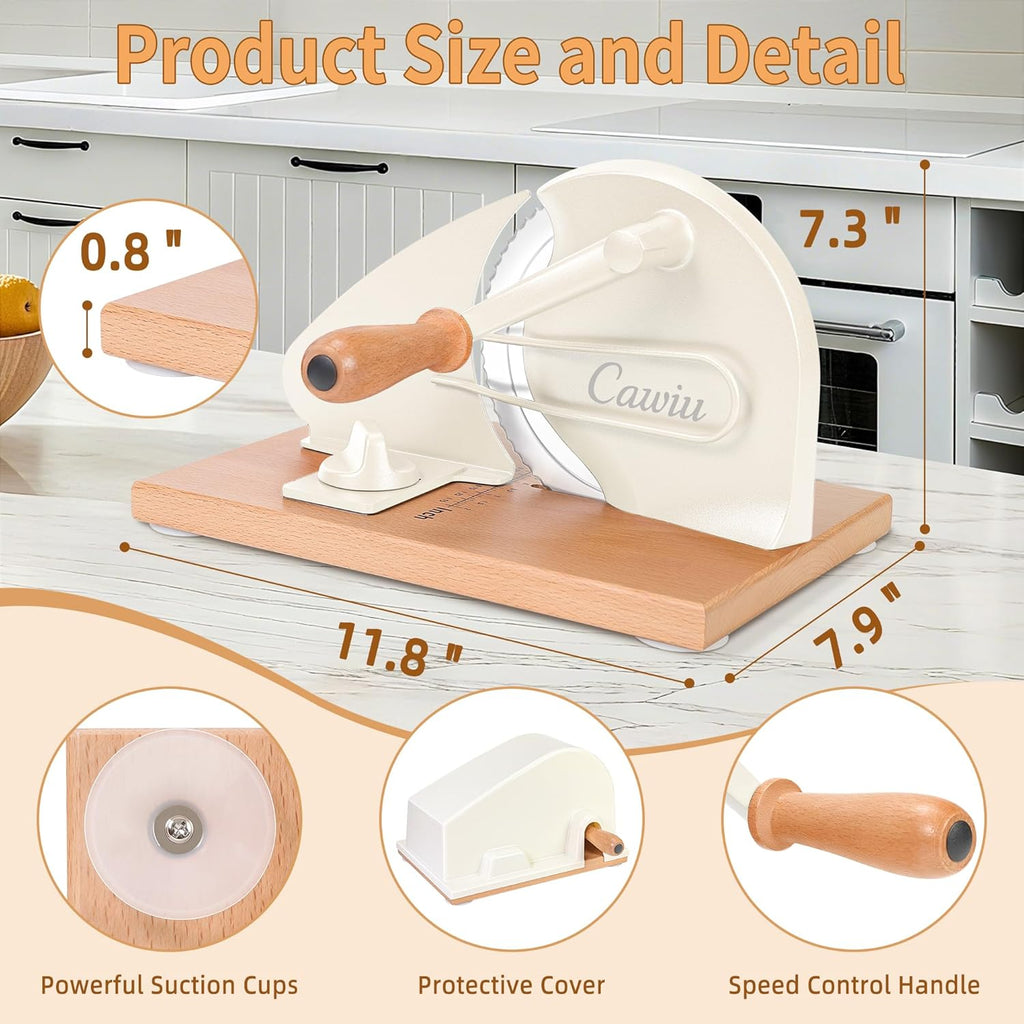 CAWIU Upgraded Manual Bread Slicer for Homemade Sourdough Bread - Adjustable Thickness Bread Cutter with Hand Crank, Suction Cups, Slicing Guide, Scale Line & Cover, for Perfect Even Slices (Cream)