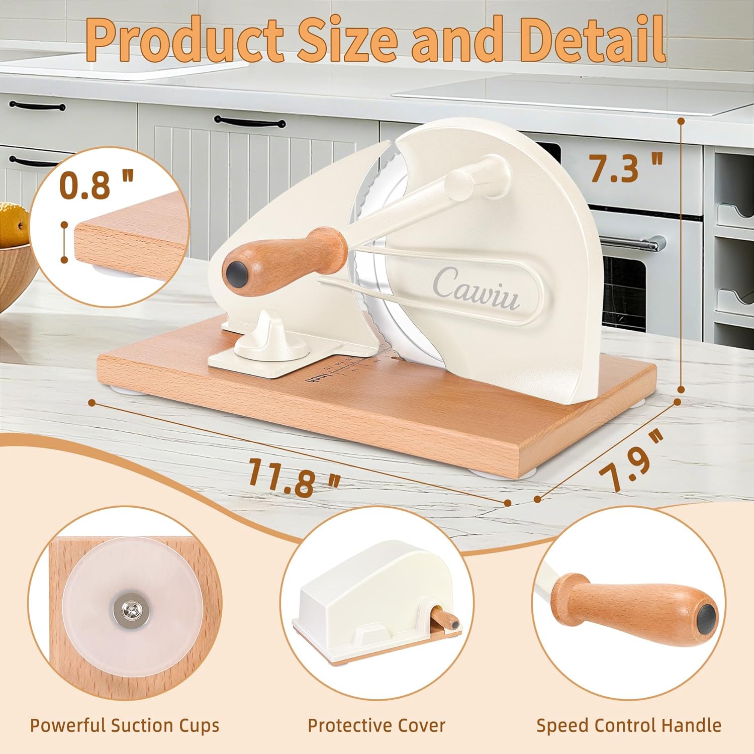 CAWIU Upgraded Manual Bread Slicer for Homemade Sourdough Bread - Adjustable Thickness Bread Cutter with Hand Crank, Suction Cups, Slicing Guide, Scale Line & Cover, for Perfect Even Slices (Cream)