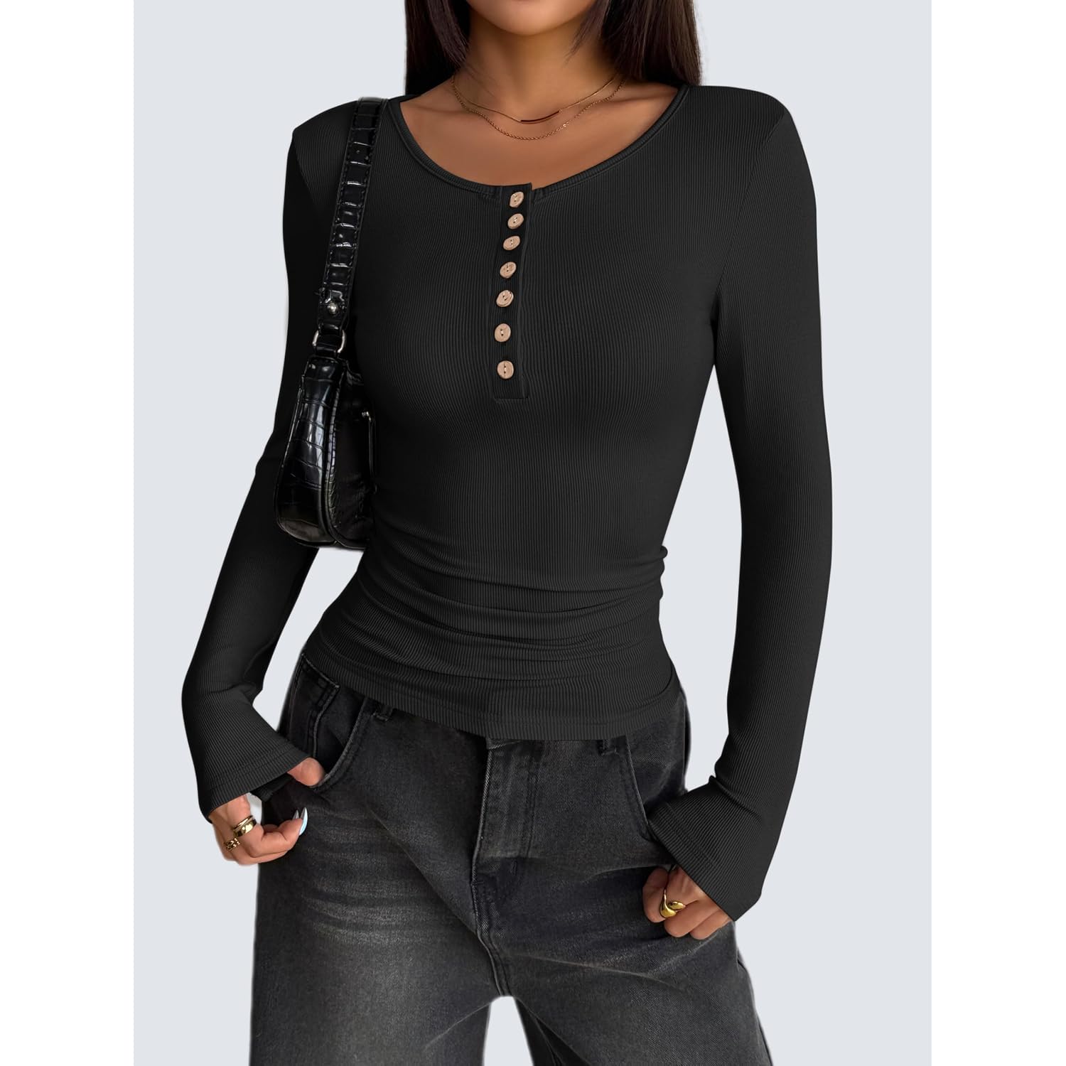 Zeagoo Womens Long Sleeve Henley T Shirts Button Ribbed Knit Slim Fitted Tee Tops Basic Casual Work Blouse Xs-Xxl