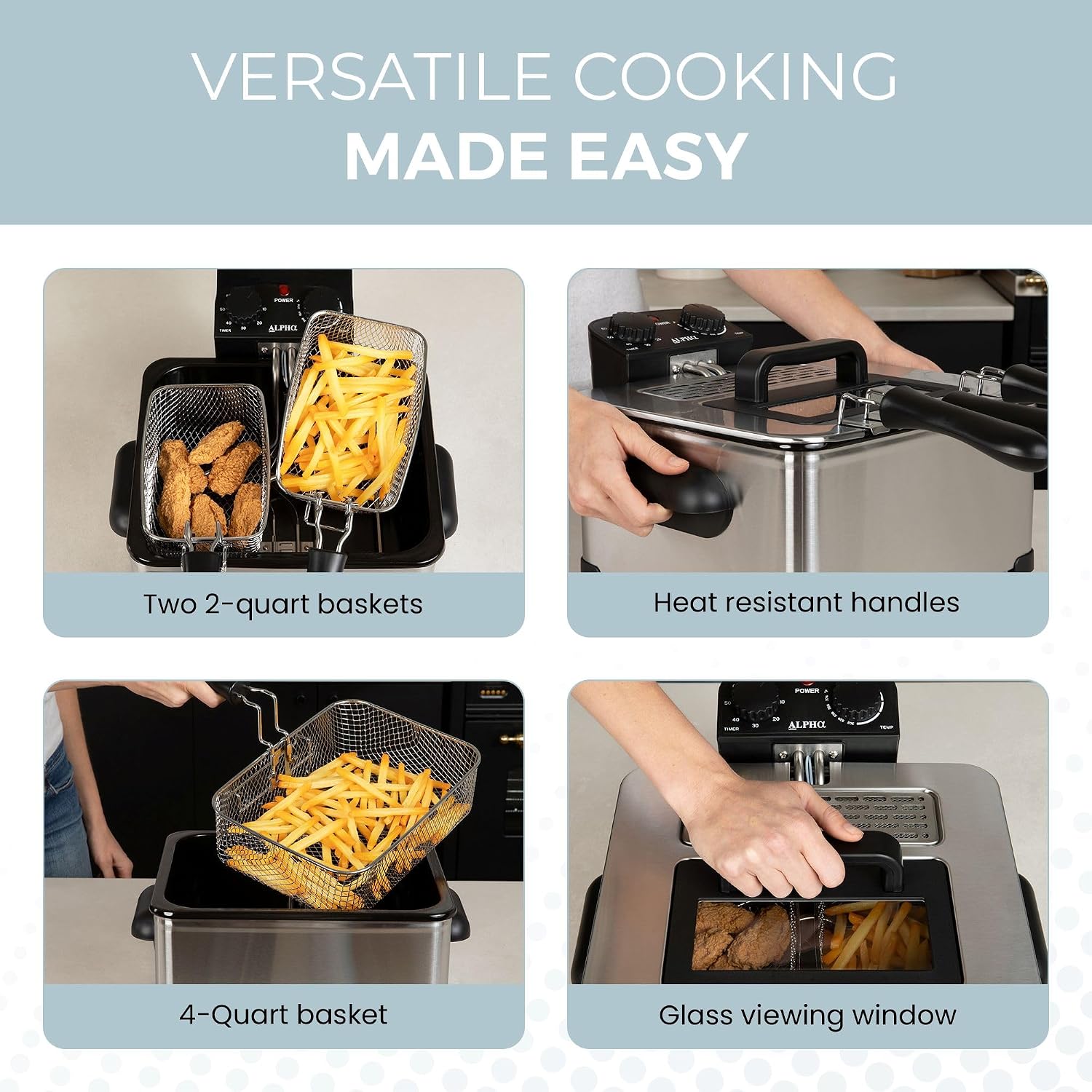 Alpha Living Electric Deep Fryer – 4.5L Deep Fryer With Basket With 2-Quart And 4-Quart Baskets – High-Grade Stainless Steel – Temperature Control And Timer – Ideal For Fried Chicken, Fries