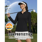 Women's Long Sleeve Polo Shirts UPF 50+ Golf Tops Moisture Wicking Collared Shirt Tennis 3-Button
