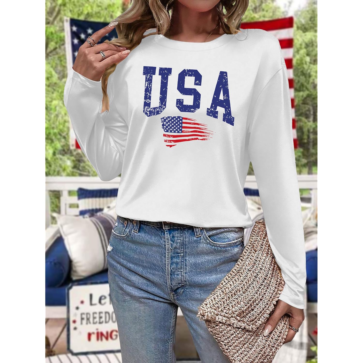 Yi Xiang Ran American Flag Shirt Tops Womens 4Th Of July T-Shirts Ring Hole Short Sleeve Sexy V-Neck Patriotic Tees