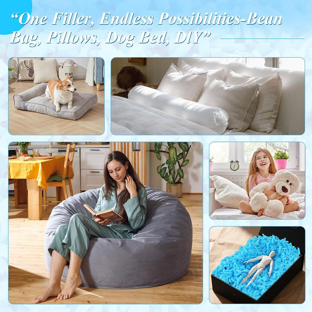 Bean Bag Filler, 5Lbs Gel Shredded Memory Foam Filling, High Density Refill & Replacement Foam For Bean Bag Chair, Pillow Stuffing, Couch Cushions, Dog Bed, Pouf Ottoman, Stuffed Animals, Arts Crafts