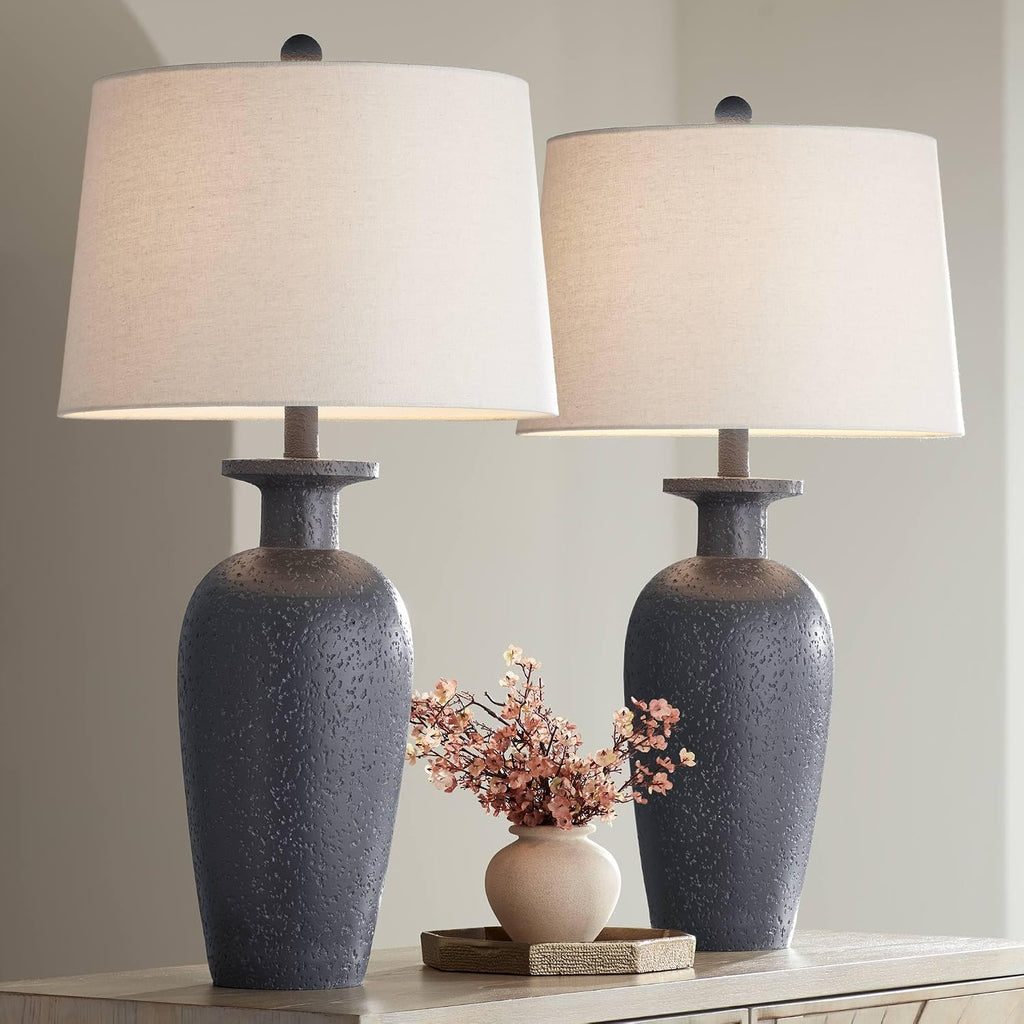 Glenwood 28" Tall 3-Way Table Lamps Set Of 2 Charcoal Gray Farmhouse Rustic | Country Cottage Living Room Bedroom Bedside Nightstand House Office Home Reading Kitchen Entryway White Shade