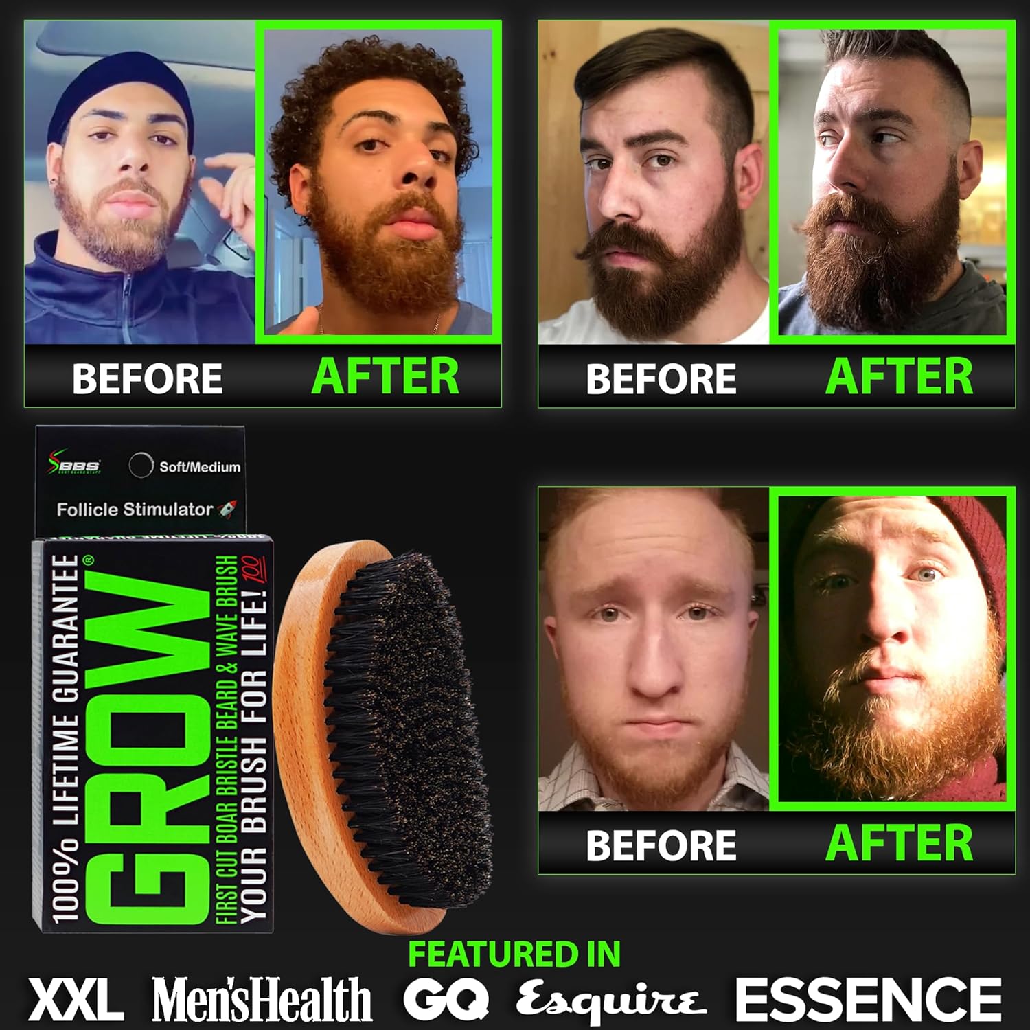 GROW Beard Brush & 360 Wave Brush for Men - Natural Boar Bristle For Fuller, Thicker Hair, Beard & Mustache - Premium Full-Size to Exfoliate, Strengthen Hair, Stimulate & Boost Growth