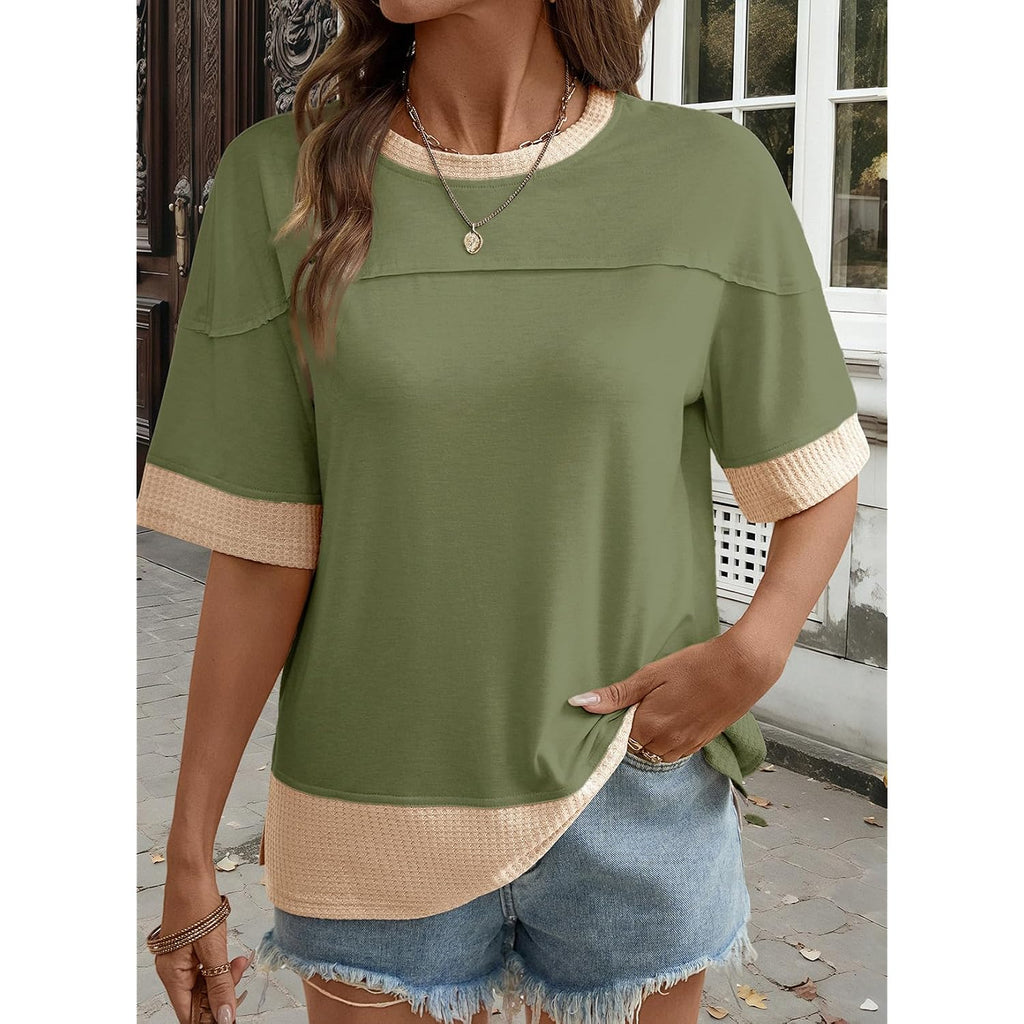 Dokotoo Womens Summer Tops Casual Oversized Short Sleeve T Shirts Crewneck Color Block Side Slit Basic Tee Blouses