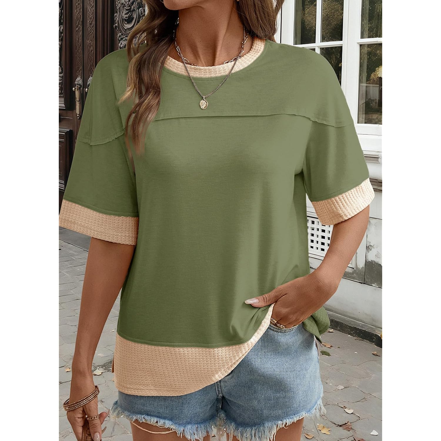 Dokotoo Womens Summer Tops Casual Oversized Short Sleeve T Shirts Crewneck Color Block Side Slit Basic Tee Blouses
