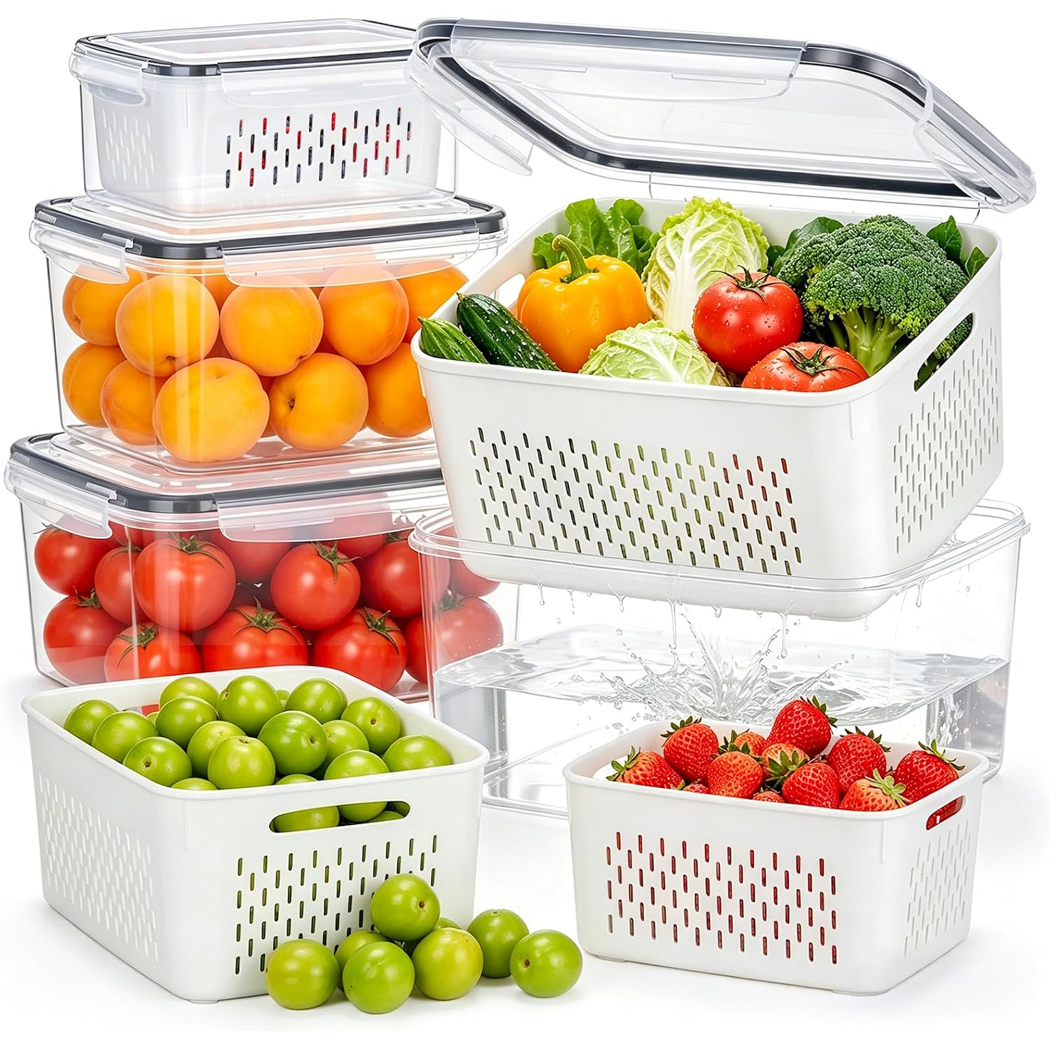 Hometall 4 Pack Fruit Storage Containers For Fridge Set, Produce Containers For Fridge With Strainer, Plastic Reusable Fridge Organizers And Storage For Berry Salad Lettuce, Size 3.4, 1.8, 0.9, 0.4Qt