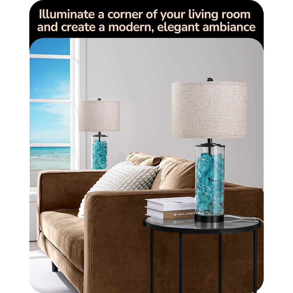 Edishine 23.6" Glass Table Lamp Set Of 2, Diy Refillable, Rotary Switch | Modern Bedside Lamp With Linen Lampshade, E26 Base, Nightstand Light For Living Room, Bedroom, Office