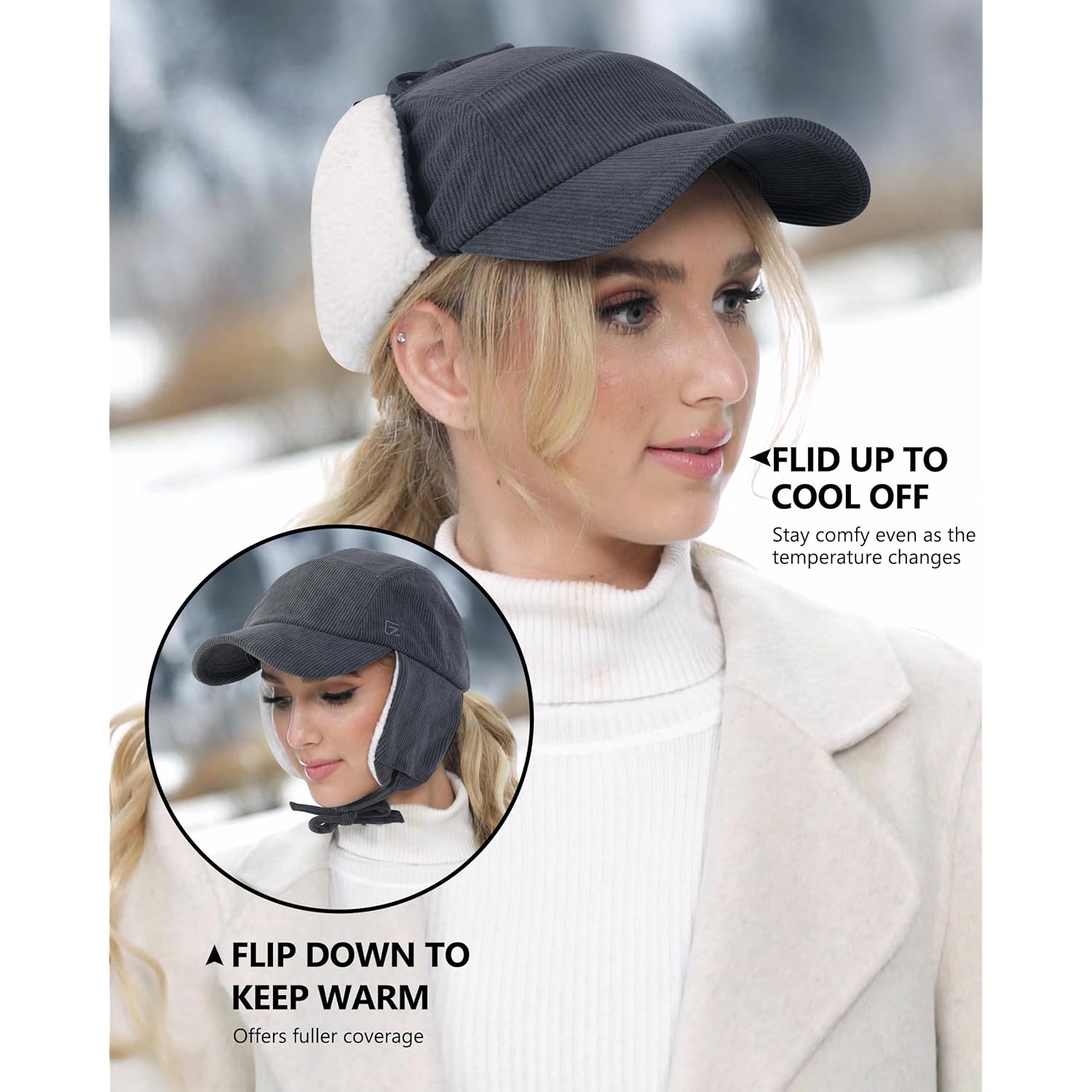GADIEMKENSD Winter Trapper Hat with Ear Warmer Flaps Corduroy Baseball Cap for Men and Women