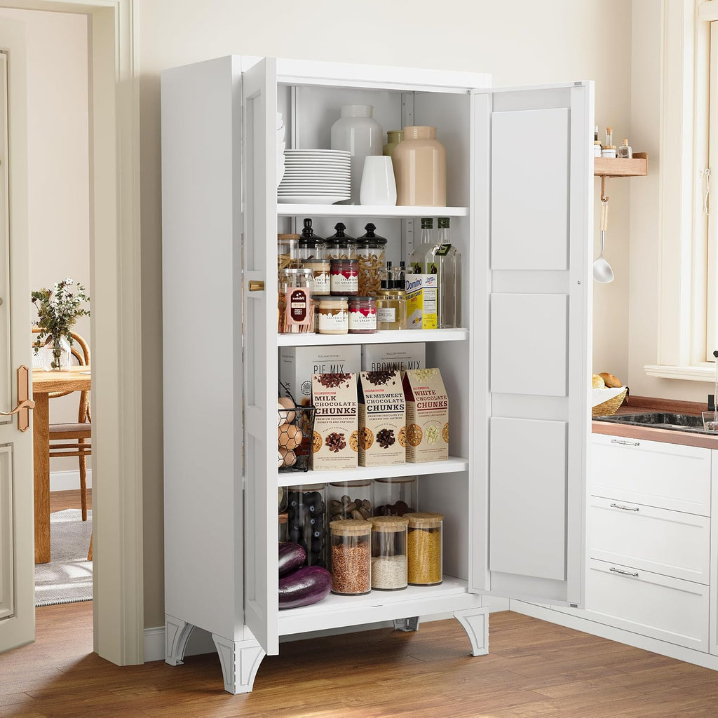 Metal Storage Cabinet With Doors And 3 Adjustable Shelves - 47" White Kitchen Pantry Storage Cabinet Locker For Kitchen,Living Room,Dining Room