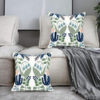 Alysheer Summer Floral Embroidered Decorative Throw Pillow Covers 18"X 18" Set Of 2, Farmhouse Navy Blue Flowers Green Leaves Tufted Patterned Cotton Cushion Cases For Couch Bed Living Room Decor