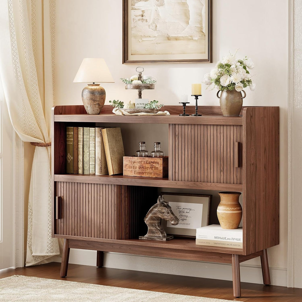 44" Sideboard Buffet Cabinet With Outlet & 2 Open Storage Spaces, Fluted Sideboard Cabinet With Sliding Door & Adjustable Shelves, Mid-Century Accent Coffee Bar Console Table With Wooden Feet