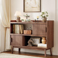 44" Sideboard Buffet Cabinet With Outlet & 2 Open Storage Spaces, Fluted Sideboard Cabinet With Sliding Door & Adjustable Shelves, Mid-Century Accent Coffee Bar Console Table With Wooden Feet
