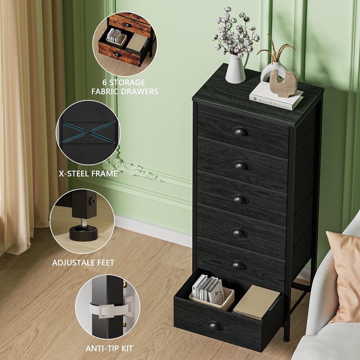 Tall Dresser With 6 Drawers,Vertical Bedside End Table & Chest For Bedroom,Black Storage Tower Dorm Nightstand With Fabric Drawer Organizer Unit Furniture In Living Room,Closet,Hallyway