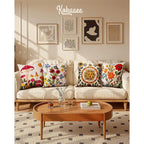 Embroidered Throw Pillow Cover 18X18 Inch - Spring Summer Boho Decorative Pillow Cover With Zipper For Living Room Couch Sofa Bed Aesthetic Design Flower Cluster Cushion Pillowcase