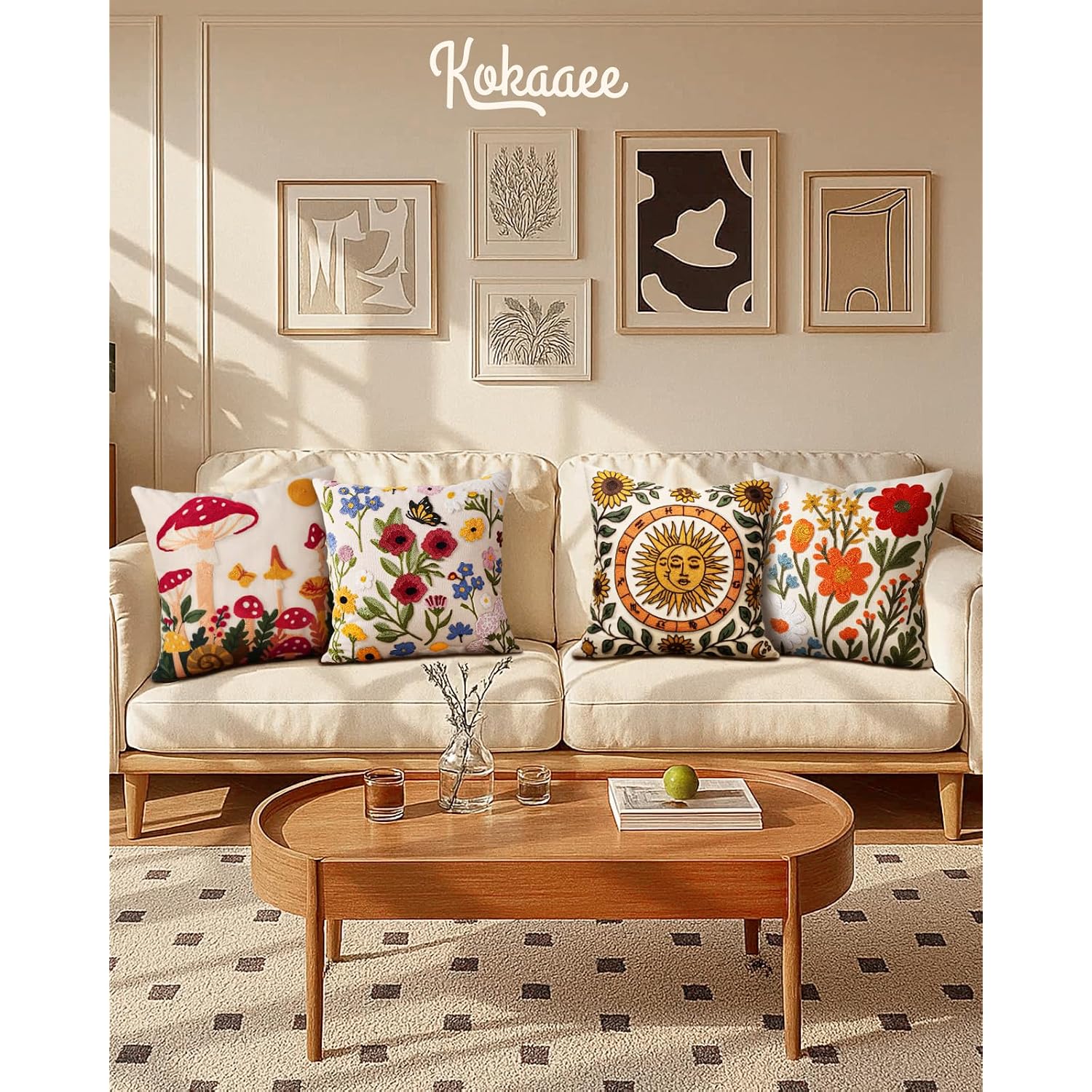 Embroidered Throw Pillow Cover 18X18 Inch - Spring Summer Boho Decorative Pillow Cover With Zipper For Living Room Couch Sofa Bed Aesthetic Design Flower Cluster Cushion Pillowcase