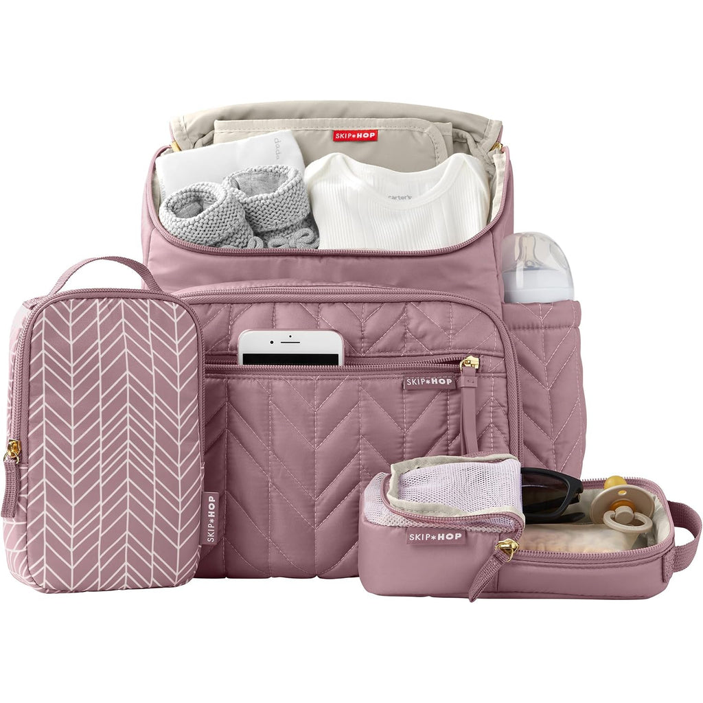 Skip Hop Diaper Bag Backpack: Forma, Multi-Function Baby Travel Bag With Changing Pad & Stroller Attachment, Mauve Mist
