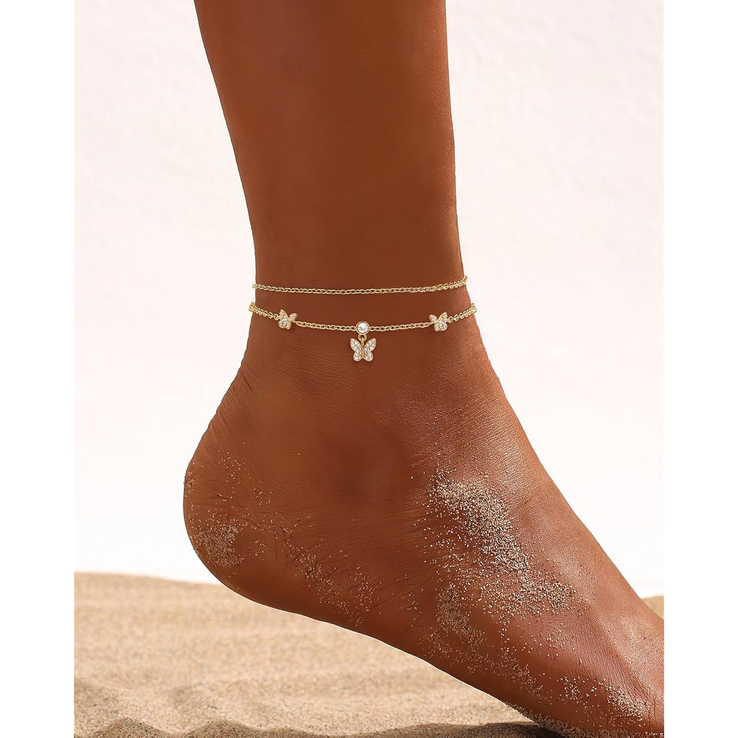 Anklets for Women Waterproof 14K Gold Plated Cz Beach Ankle Bracelets Dainty Summer Butterfly Clover Heart Bow Anklet Non Tarnish Layered Beach Jewelry Accessories for Women Trendy