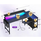 Odk 48 Inch Gaming Desk With Usb Charging Ports And Led Lights, Reversible L Shaped Computer Desk With Storage Shelves & Monitor Stand, Corner Gamer Desk Table With Power Outlets, Black