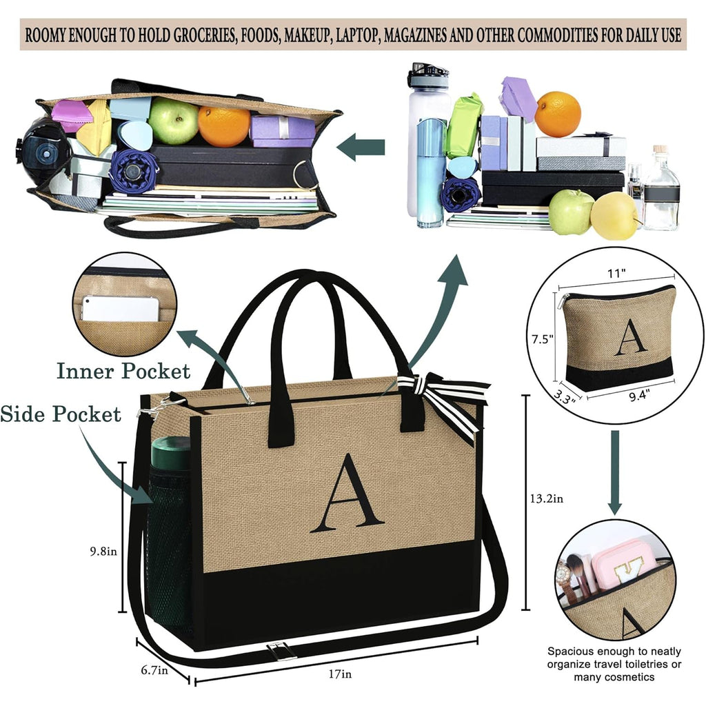 YOOLIFE Personalized Gifts for Women - Initial Jute Tote Bag & Makeup Bag, Birthday Gifts for Women Mom Wife Teacher Friend
