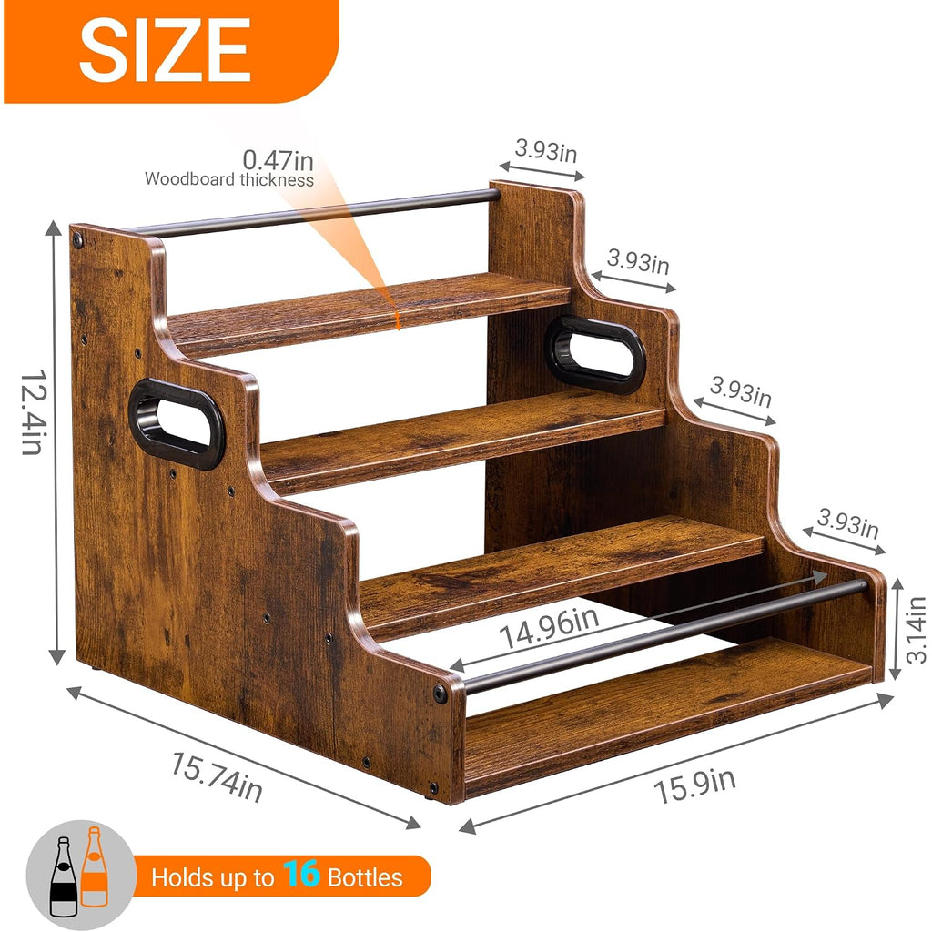 4-Tier Liquor Bottle Display Shelf, Spice Rack - 16-Inch Coffee Syrup Organizer Rack - Heavy-Duty Countertop Bar Shelves For Liquor Whiskey, Spirits, Syrup Wine Dressing