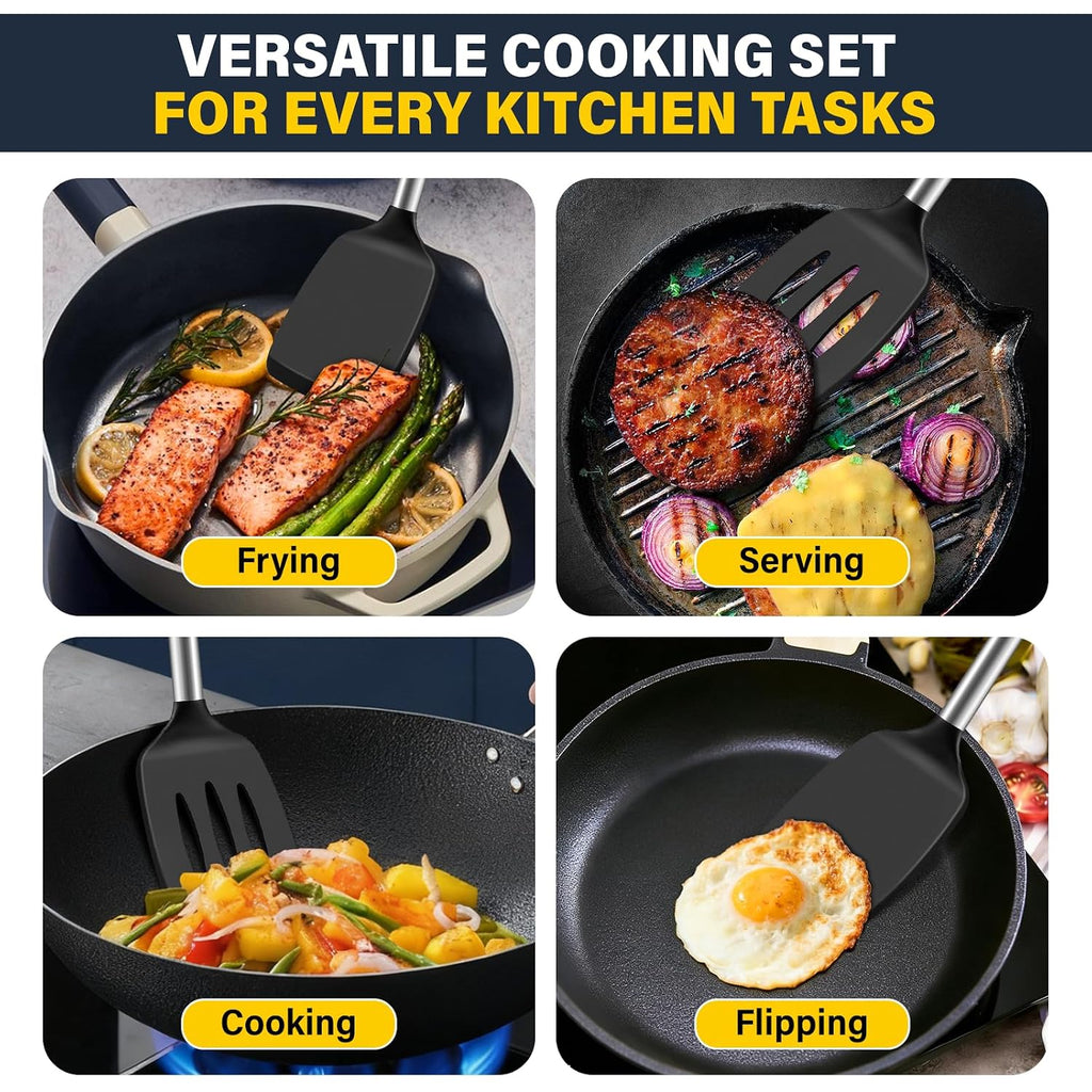2 Pack Silicone Spatula Set, Solid & Slotted Turner For Non-Stick Pans, High Heat Resistant Silicone Spatula For Cooking, Bpa-Free Stainless Steel Cooking Utensils For Fish, Eggs, Pancakes, Black