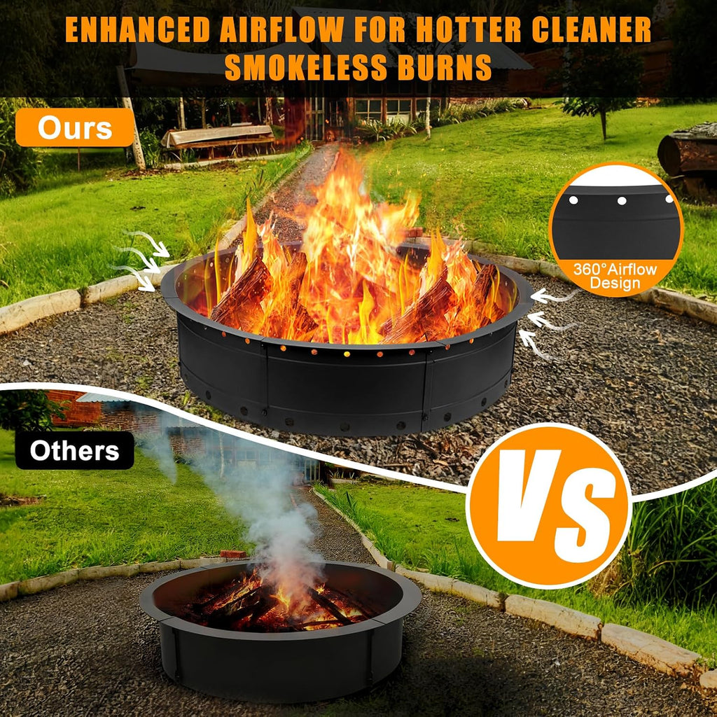 36 Inch Fire Pit Ring, Large Outdoor Campfire Pit For Patio Backyard Garden, Smokeless Steel Firepit With Air Vent For Efficient Burning & Anti-Rust Coating, Black Steel