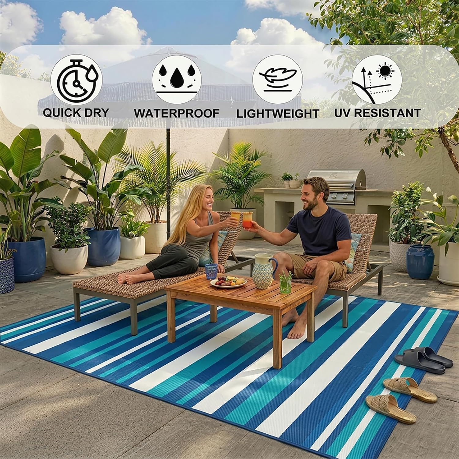 Outdoor Rug Camping Essentials - 4X6 Ft Outdoor Plastic Straw Rug For Patio Clearance, Waterproof Rv Essentials Outside Area Rug For Deck Garden, Backyard Patio Furniture Set, Blue White