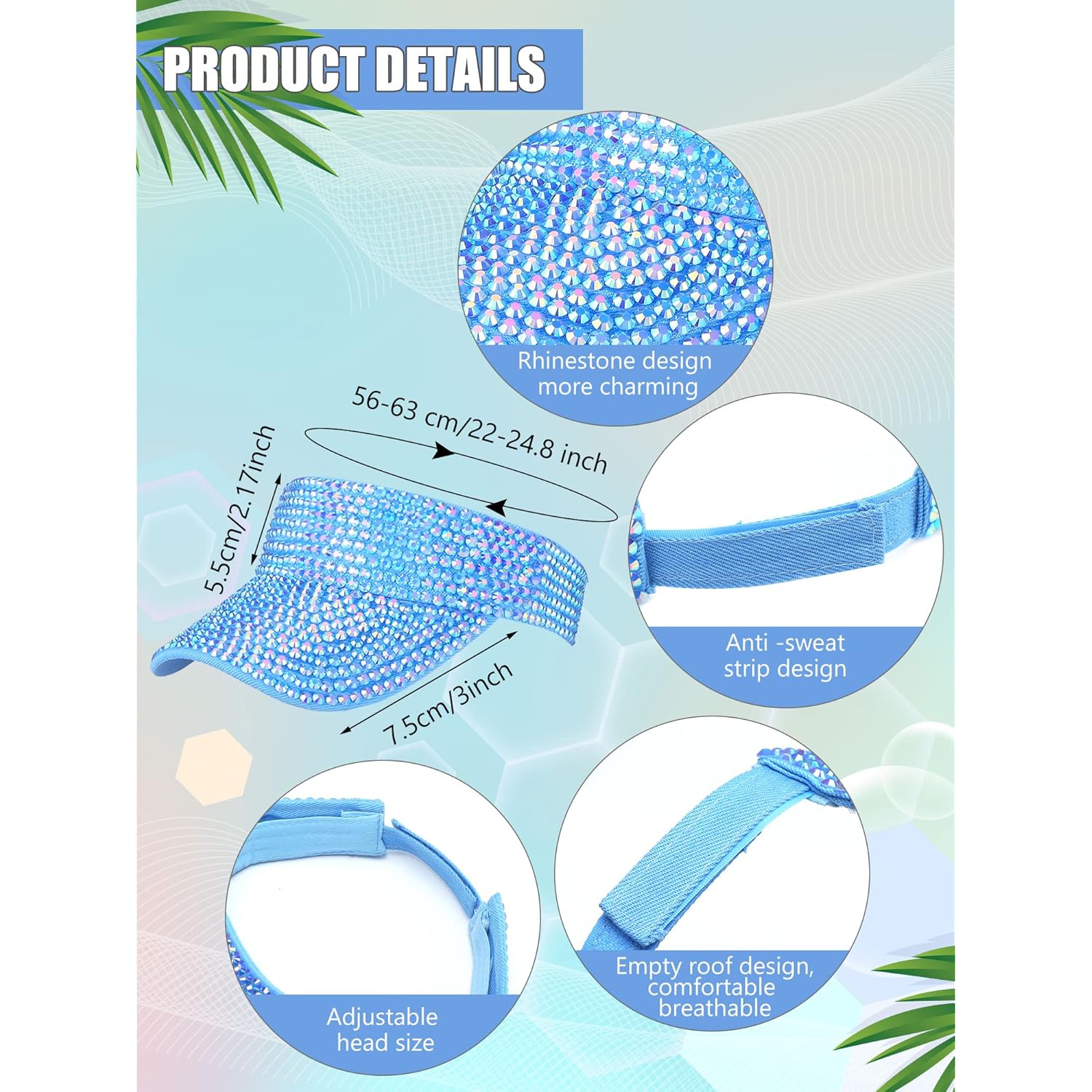 Unittype 8 Pcs Rhinestone Sport Sun Visors Hats for Women Running Golf Visors for Women Adjustable Shiny Glitter Visor with Rhinestone Bling Women's Visor for Golf Running Cycling Jogging Outdoor