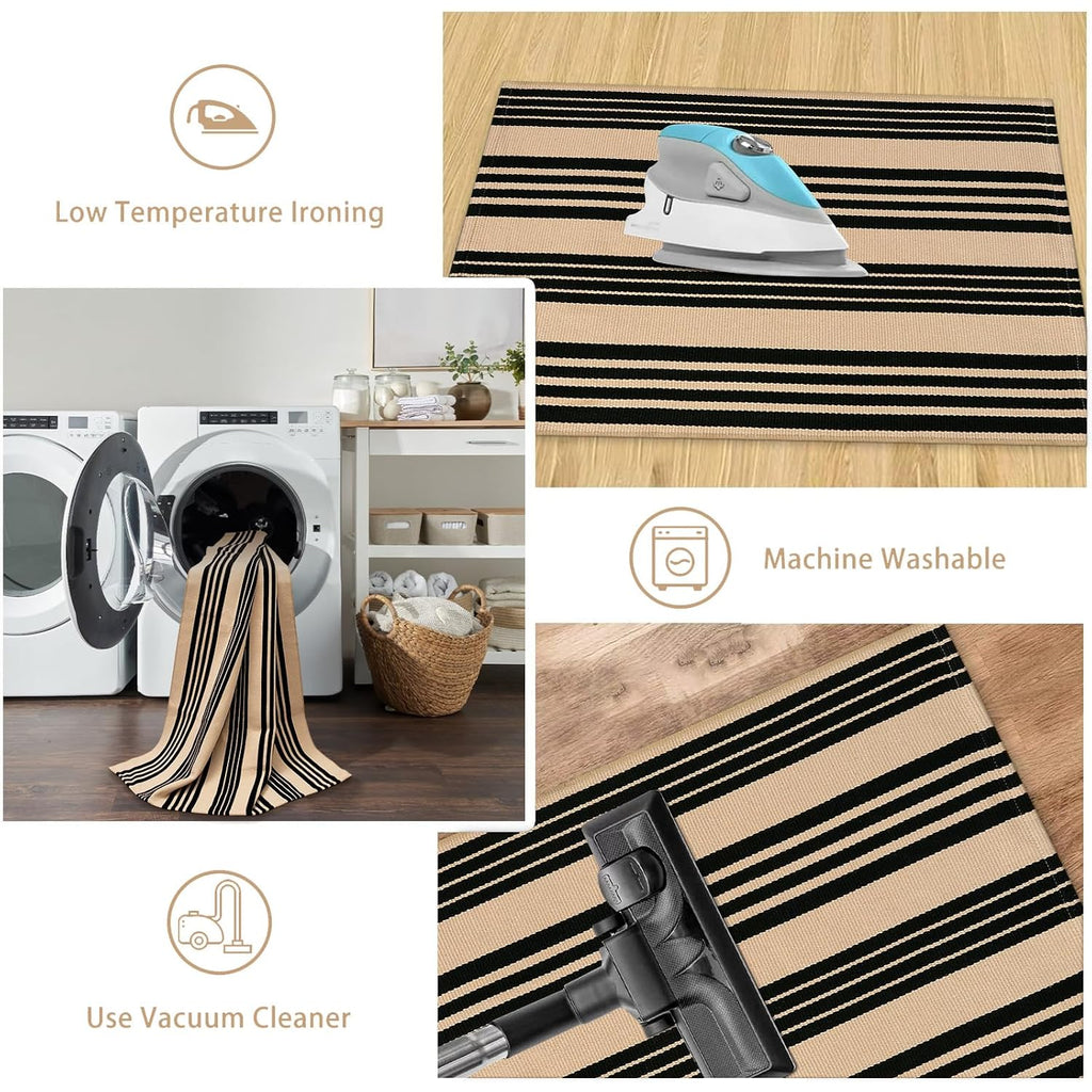 Striped Outdoor Front Door Mat 24"X51", Cotton Hand Woven Washable Black And Khaki Rug Runner, Reversible Foldable Indoor Layered Front Door Rugs For Entryway/Farmhouse/Home Entrance
