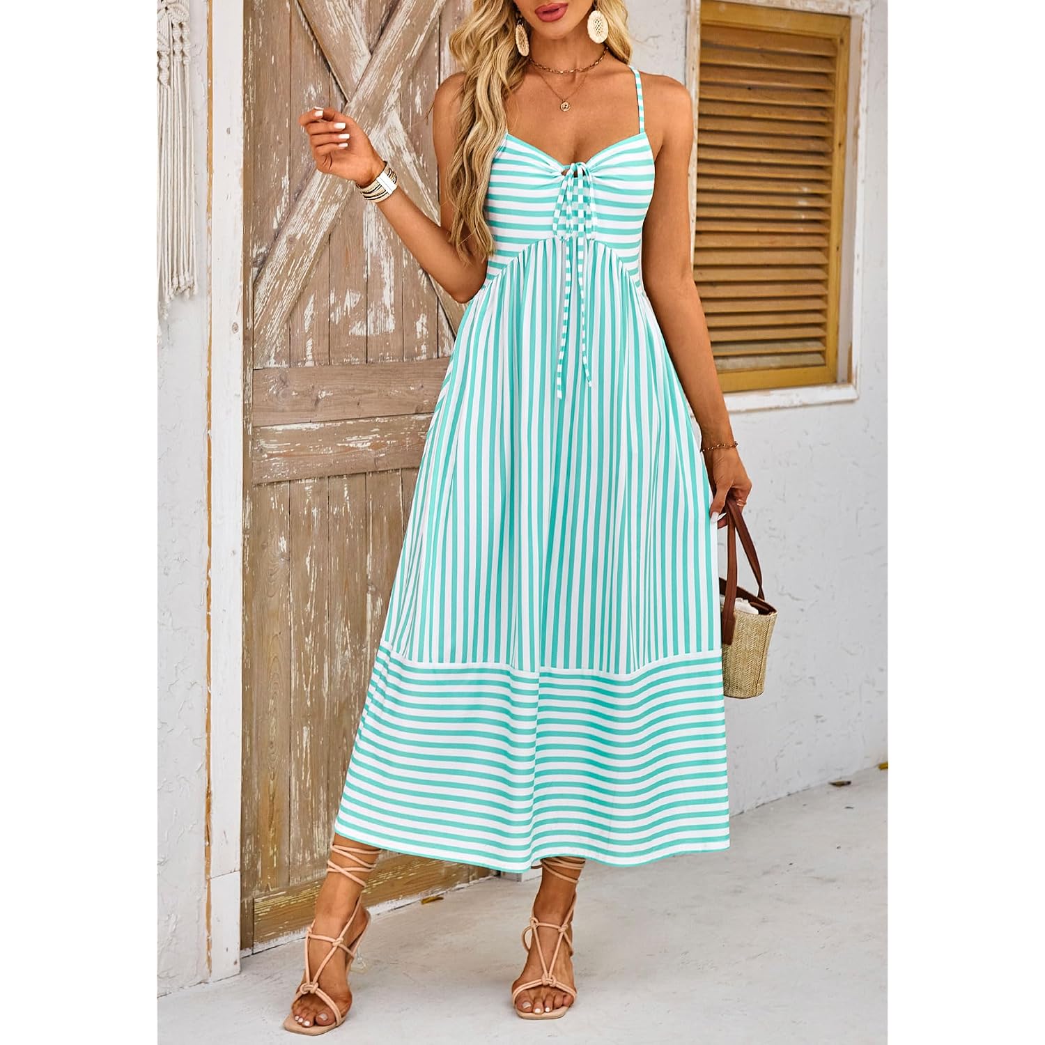 Fashionme Womens Summer Maxi Dresses 2026 Trendy Striped Vacation Boho Beach Spaghetti Strap Sundress Back Tie With Pockets